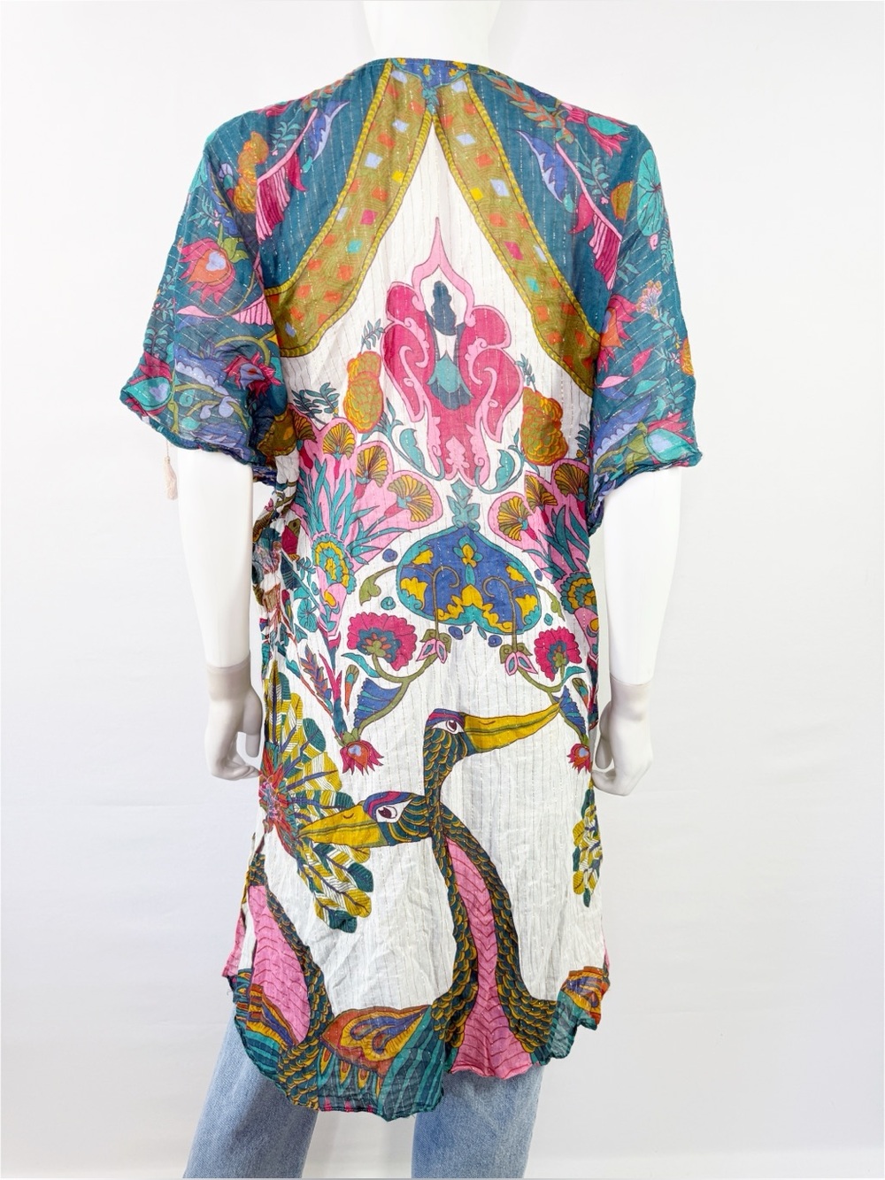 Aratta Silent Journey Floral Crane Print Kimono Duster Boho Sheer Topper OS